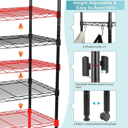 Whitmor 6 Tier Storage Shelves, Heavy Duty with Wheels, 400 lbs Capacity per Shelf, Max 2400 lbs Total, Adjustable Storage Units for Garage, Laundry, Plant, 30" L x 14" W x 70" H, Black
