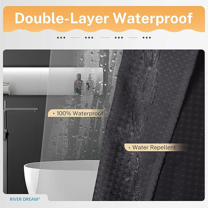 River Dream 3 in 1 Shower Curtain Set, Waffle Fabric Shower Curtain and Waterproof Clear Liner Set with Double Sided Metal Hooks, Black, 72" W*72" H
