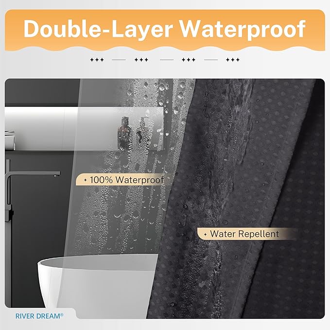 River Dream 3 in 1 Shower Curtain Set, Stall Waffle Fabric Shower Curtain and Waterproof Clear Liner Set with Double Sided Metal Hooks, Black, 36" W*72" H
