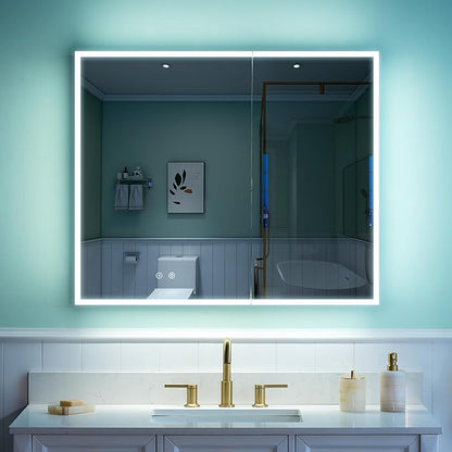 WELLFOR 36" X 30" Medicine Cabinet with Lights, 3X Magnification, Anti-Fog Mirrored Cabinet, Double Doors with Mirror, Bathroom Vanity Medicine Cabinet with Outlets & USB Ports