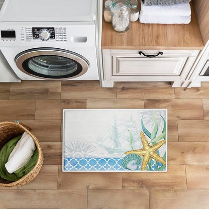 Stupell Industries Bayside Sea Life & Ship Plush Bathroom Mat & Bath Rug, Soft Quick-Dry Non-Slip Bathroom Rug with Recycled Foam Cushion, Coastal Nautical Marine Design by Kim Allen, 18"x30"