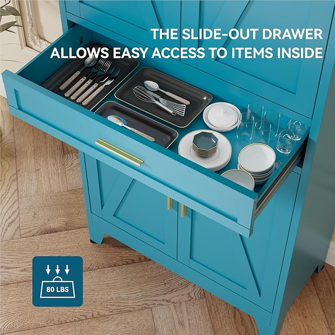 71" Tall Farmhouse Pantry Cabinet,Metal Cabinets with Doors and Shelves,Storage Cabinet for Kitchen Dining Room Garage,Blue Green