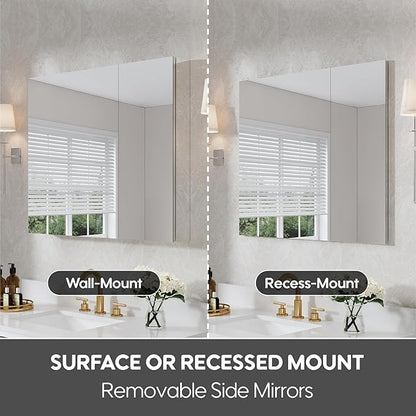 WELLFOR 36" x 30" Rectangle Medicine Cabinet Mirror, Surface Mount or Recessed Medicine Cabinet with Tempered Mirror, Anodized Chrome Aluminum Frame, Bathroom Mirror with Storage
