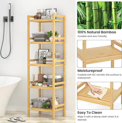 Homykic Bamboo Bookshelf, 5-Tier Narrow 55.9” Adjustable Book Shelf Bookcase Bathroom Shelves Freestanding Storage Stand for Living Room, Bedroom, Kitchen, Rust Resistance, Easy Assembly, Natural