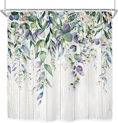 Riyidecor Teal Shower Curtain for Bathroom Decor 72Wx72H Eucalyptus Leaves Plants Watercolor Floral Wooden Board Rustic Botanical Farm Art Printed Fabric Polyester Waterproof 12 Pack Plastic Hooks
