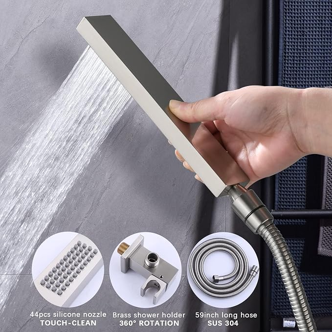 Bathroom Shower Faucet Set Brushed Nickel 12 Inch Wall Mounted Rainfall Shower Head System, Temperature Digital Display Shower Faucet with Handheld Spray, 4 PCS Body Jets