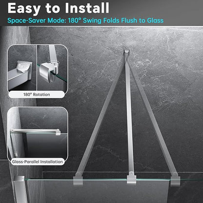 Frameless Shower Door Support Bar, Stainless Steel Wall-to-Glass Support Arm to Fixed Shower Glass Panel, for 1/4"-3/8" (6-10 mm) Door, 180° Pivot & Stow-Flat Mode (Brushed Nickel, 35.4-inch(900mm))