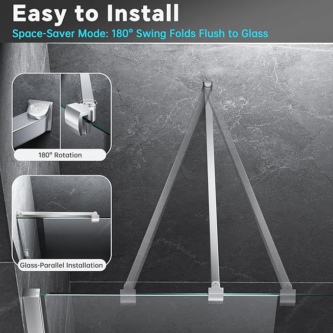 Frameless Shower Door Support Bar, Stainless Steel Wall-to-Glass Support Arm to Fixed Shower Glass Panel, for 1/4"-3/8" (6-10 mm) Door, 180° Pivot & Stow-Flat Mode (Brushed Nickel, 19.7-inch(500mm))