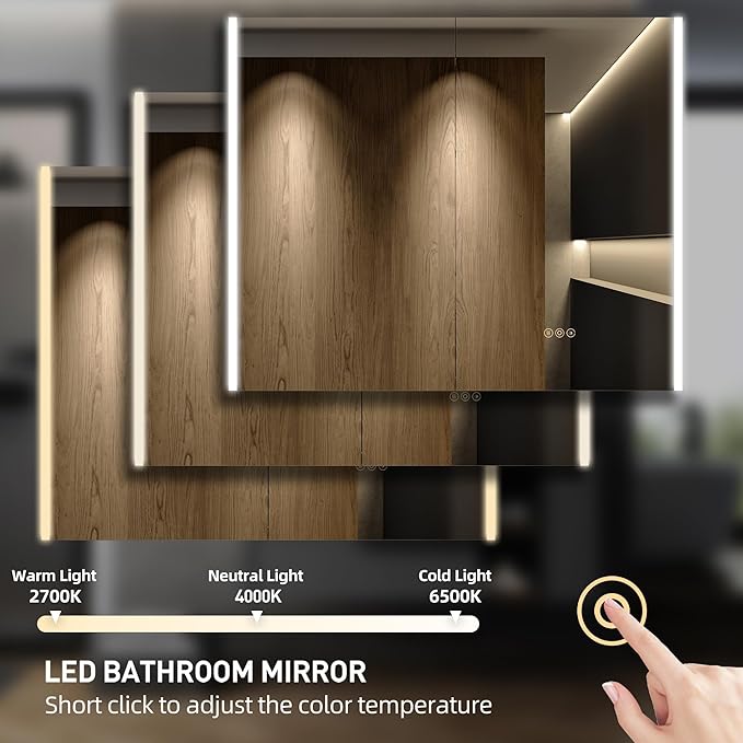 Medicine Cabinet with LED Lights and Mirror, 48 x 32 Inch Surface or Recessed Mounted Bathroom Cabinets with Door, Defogger, Memory Function, 3-Color Mode, Outlet&USB, Dimmer, Storage Shelf