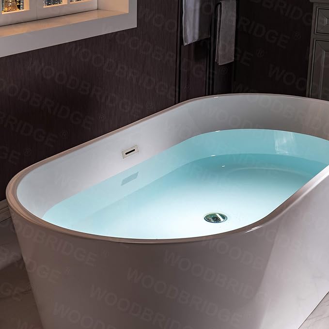WOODBRIDGE Acrylic Freestanding Bathtub Contemporary Soaking Tub Overflow and Drain, BTA1514-C,White, 59" Chrome
