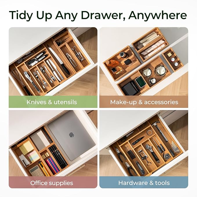 6-Piece Bamboo Drawer Organizer Set, 2.2" Deep Multi-Use Organizers for Utensils, Silverware, Cutlery, Desk, Bathroom, Junk Drawer & Makeup, Non-Slip Feet Included.