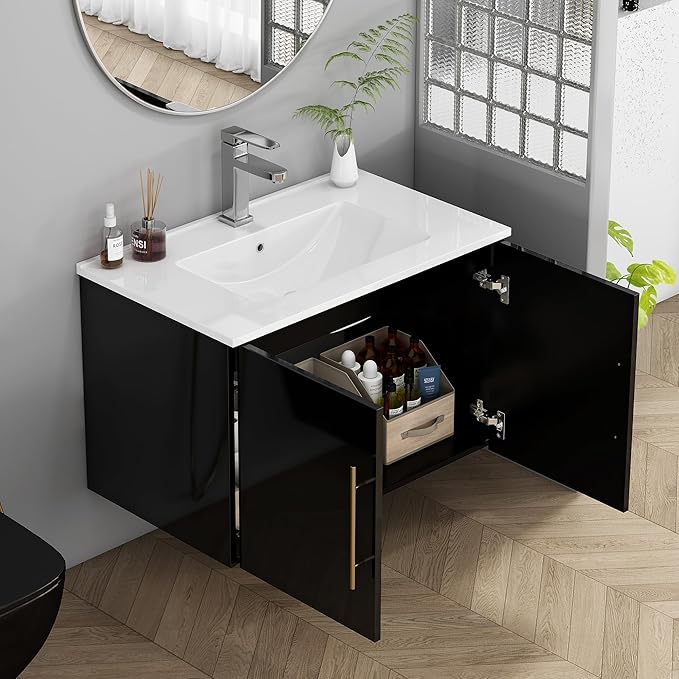 30" Wall Mounted Bathroom Vanity with Sink, High Gloss Black Floating Cabinet, Modern Gold Handles, Soft Close Doors, Integrated Ceramic Top for Powder Room