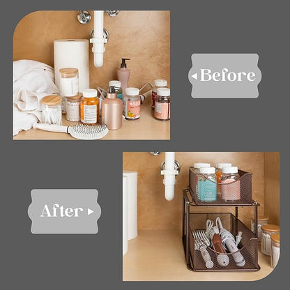 Sorbus 2 Tier Metal Under Sink Organizer for Bathroom, Kitchen, Strong Steel Mesh Sliding Drawers for Under Sink, Under Cabinet, Closet, Kitchen, Pantry, Bathroom Organizers and Storage (Brown)