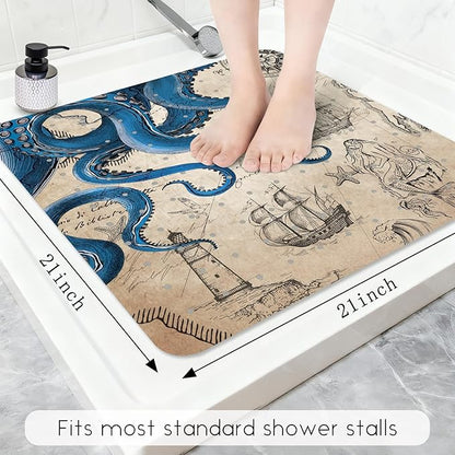 Bathtub Mat Non Slip, Octopus Square Bath tub Mat Shower Floor Mat with Suction Cups for Adults Kids Elderly 21 X 21 Inch