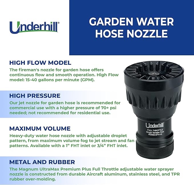 Underhill Garden Water Hose Nozzle Sprayer Jet Attachment, Heavy-Duty Metal and Rubber, Adjustable, Magnum UltraMax Premium Plus Series 3/4" High Flow Turbo Shift, NG550-DFH-75