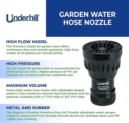 Underhill Garden Water Hose Nozzle Sprayer Jet Attachment, Heavy-Duty Metal and Rubber, Adjustable, Magnum UltraMax Premium Plus Series 3/4" High Flow Full Throttle, NG500-SFH-75