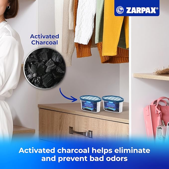 Moisture Absorber Activated Charcoal 6.5 oz/185g | Removes Moisture, Damp, Humidity & Odors | Odor Absorber | Moisture Trap for Bathroom, Closet, Kitchen & Small Spaces | Set of 6