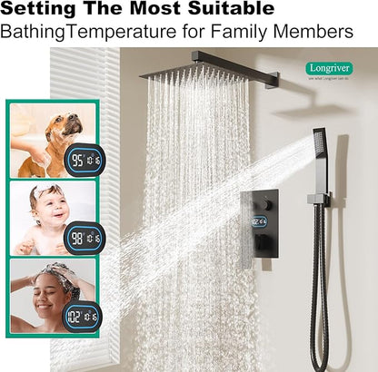 Push Button Diverter Shower Faucet Set, Hydro Power Temperature Display, Shower System 12 Inch Shower Head with Handheld Spray, Wall Mounted Shower Fixtures with Shower Valve and Trim Kit, Matte Black