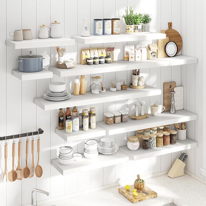 36 Inch Floating Shelves for Wall Set of 2, 12"D Wood Grain Bathroom Shelves with Invisible Brackets, Easy Install Engineered Wood Storage Shelves for Kitchen, Living Room, Bedroom, White Finish