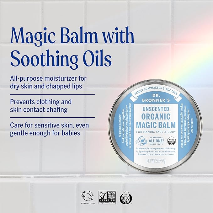 Dr. Bronner's - Organic Magic Balm - Baby Unscented, Made with Organic Beeswax & Hemp Oil, Moisturizes & Soothes Hands, Face & Body (2 oz, 2-Pack)