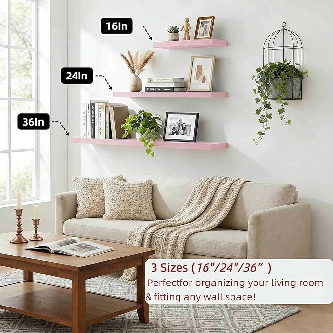 SAUMONIERES Floating Shelves Wall Shelf Solid Wood for Bathroom Bedroom Kitchen Set of 3, Pink Wall Shelves