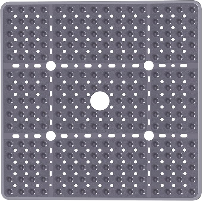 Large Gray Square Shower Mat Non Slip 27 x 27 Inch, Soft Bath Mat Bathtub Mat for Inside Shower Floor, Anti Slip Shower Stall Mats with Big Suction Cups Drain Holes, Easy Washable, BPA-Free