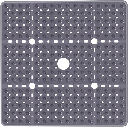 Large Gray Square Shower Mat Non Slip 27 x 27 Inch, Soft Bath Mat Bathtub Mat for Inside Shower Floor, Anti Slip Shower Stall Mats with Big Suction Cups Drain Holes, Easy Washable, BPA-Free