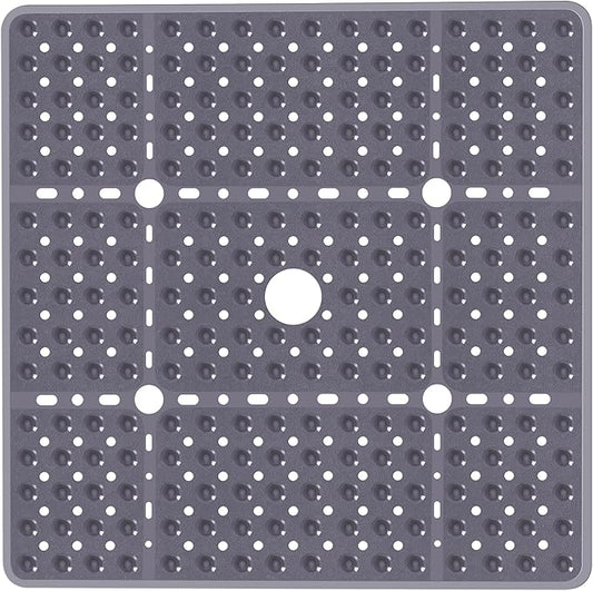 Large Gray Square Shower Mat Non Slip 27 x 27 Inch, Soft Bath Mat Bathtub Mat for Inside Shower Floor, Anti Slip Shower Stall Mats with Big Suction Cups Drain Holes, Easy Washable, BPA-Free