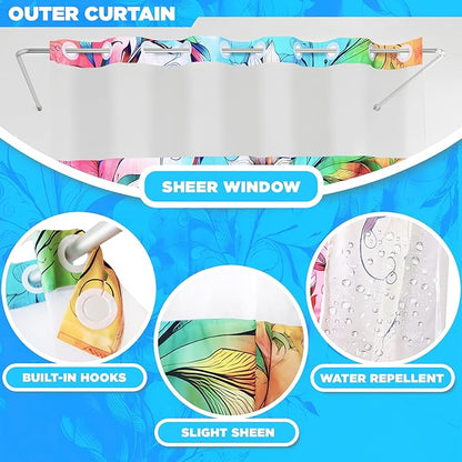 Hookless Boho Floral Shower Curtain with Snap-in Liner Set, Vibrant Watercolor Fabric, See Through Sheer Window, Washable, 3 Magnet Weights, No Hook, Waterproof, Farmhouse - Standard Size