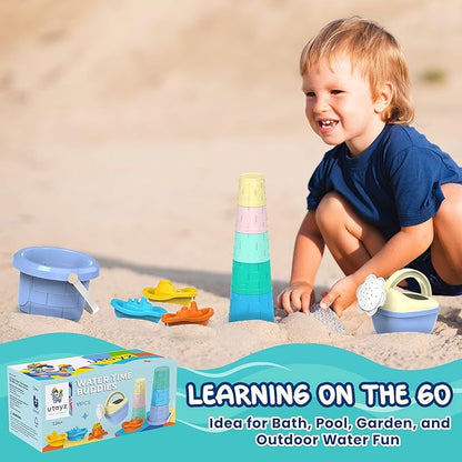 Water Time Buddies – 11pcs Toddler Water Toy Set with Watering Can, Boats, Toy Animals, Stacking Cups & Buckets, Toddler Bath Toys for 1+, Kids Pool Toys & Indoor Accessories for Water Play