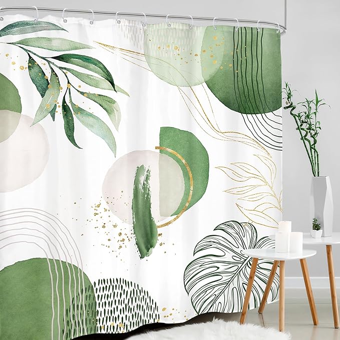 Extra Long Green Boho Shower Curtain 72Wx78H Mid Century Modern Abstract Tropical Gold Olive Palm Leaves Plant Geometric Bathroom Decor Minimalist Bath Curtain Fabric Polyester 12 Pack Hooks