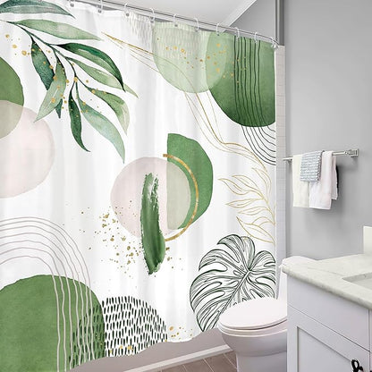 Green Boho Shower Curtain 60Wx72H Bohemian Mid Century Modern Abstract Palm Leaves Tropical Gold Olive Geometric Plant Bathroom Decor Minimalist Bath Curtain Fabric Polyester 12 Pack Hooks