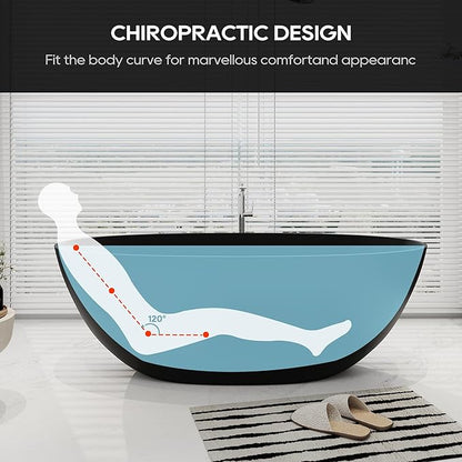 SJ STAR&JANE 65" Solid Surface Freestanding Bathtub, Oval Soaking Stone Resin Tub Stand Alone Tub with Overflow and Pop-up Drain for Bathroom Matte Black