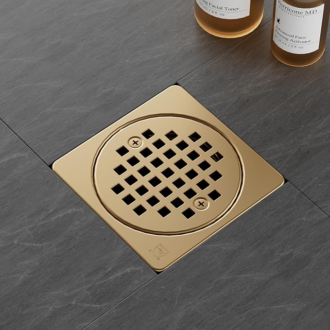 Yaseingo Removable Square Shower Floor Drain Compatible with Schluter Kerdi Drain Flange, 4 Inch Drain Grate Kit SS304 Stainless Steel and ABS Material - CUPC Certification, Champagne Bronze