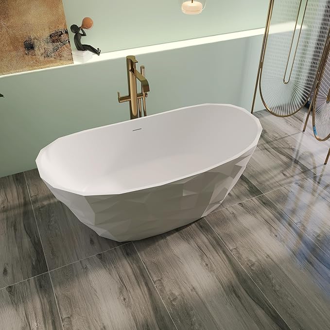 64" Premium Modern Solid Surface Free Standing Bathtubs, Unique Matte White Stone Resin Soaking Tub with Pop-up Drain