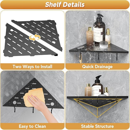 Corner Shower Shelf 10" Matte Black 304 Stainless Steel Recessed Shelf for Bathroom，Shower Corner Rack with Razor Hole Hook，Grout in Shelf for Tiled Wall, 2 Pack