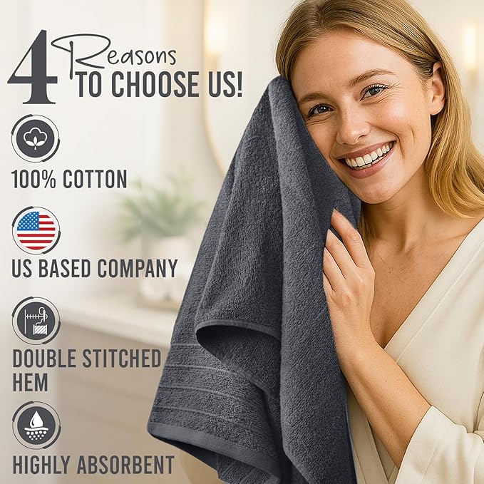 DAN River Extra Large Bath Towels Set of 4, 30 x 60 Inches - 100% Cotton Larger & Lighter Weight Towels for Bathroom - Quicker to Dry, Super Soft & Highly Absorbent Towels for Home, Charcoal