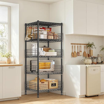 5 Tier Metal Shelving Unit Storage Shelves With Shelf Linker,Adjustable Pantry Shelves Wire Shelving with Hooks,Metal Shelf with Side Blockers for Kitchen,Closet,Office,Laundry,18.1''Wx18.1''Dx59''H