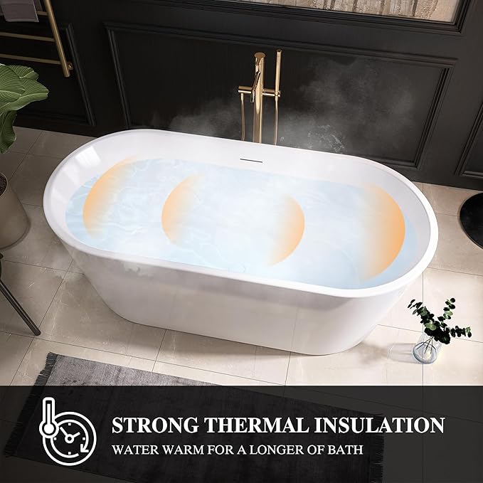 59" Acrylic Freestanding Bathtub, Free Standing Tub, Stand Alone Tub, Soaking Tub with Integrated Overflow and Drain, cUPC Certified, Gloss White