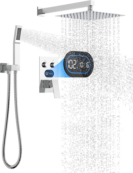 Push Button Diverter Shower Faucet Set Hydro Power Temperature Display, Shower System 12 Inch Shower Head with Handheld Spray, Wall Mounted Shower Fixtures with Valve and Trim Kit, Polished Chrome