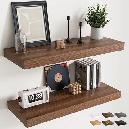 36 Inch Floating Shelves for Wall Set of 2, 12"D Wood Grain Bathroom Shelves with Invisible Brackets, Easy Install Engineered Wood Storage Shelves for Kitchen, Living Room, Bedroom, Walnut Finish