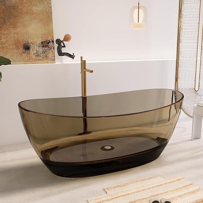 65" Premium Solid Surface Freestanding Bathtub, Contemporary Design Stand Alone Stone Resin Tub with Overflow and Pop-up Drain, Transparent Brown