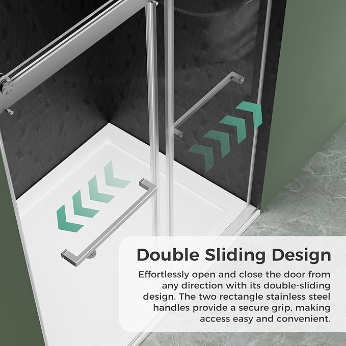 DELAVIN 56"-60" W x 75" H Frameless Shower Door, Double Sliding Shower Door, 5/16"(8mm) Clear Tempered Glass, Noiseless Shatterproof Glass Shower Doors with Square Rail, Stainless Steel, Aluminum