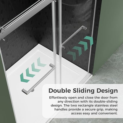 DELAVIN 56"-60" W x 75" H Frameless Shower Door, Double Sliding Shower Door, 5/16"(8mm) Clear Tempered Glass, Noiseless Shatterproof Glass Shower Doors with Square Rail, Stainless Steel, Aluminum