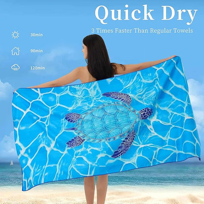 Microfiber Extra Large, Oversized Cute Turtle/Shark Beach Towels (70''x35'') - 2 Pack XL Quick Dry Striped Towels for Adults，Sand Free for Pool, Spa, Swim & Travel - Ultra Soft & Lightweight
