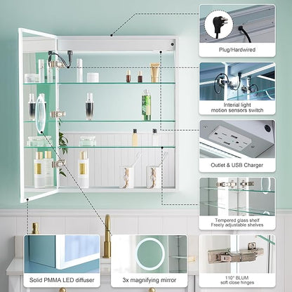 WELLFOR 24" X 30" Medicine Cabinet With Lights, 3X Magnification, Anti-Fog Mirrored Cabinet, Bathroom Vanity With Outlets & USB Ports, Left Opening Door