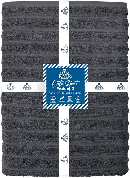 DAN RIVER Pack of 2 Bath Sheet 35x70 Inches, Extra Large Ribbed Bath Towels Oversized, Absorbent Cotton Towels for Bathroom - Dark Gray