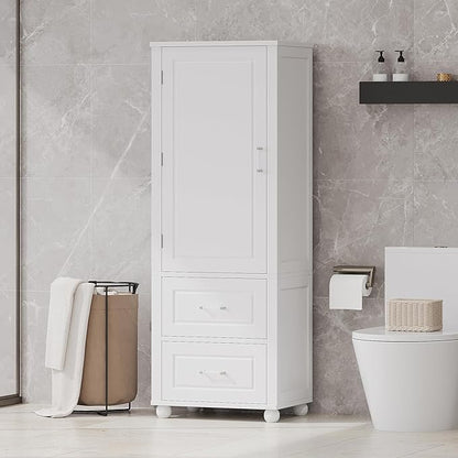 Tall Bathroom Storage Cabinet with Door and Shelves, Kitchen Pantry Linen with 2 Drawers for Home, Living Room, Dining Room, White