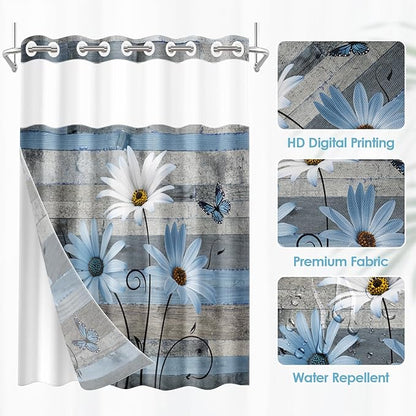 No Hook Blue Daisy and Butterfly Shower Curtain with Snap in Fabric Liner Set, Rustic Farmhouse Double Layers Waterproof Fabric with See Through Top Window Open Grommet Bath Curtain 54x80 Inch