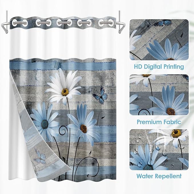 No Hook Blue Daisy and Butterfly Shower Curtain with Snap in Fabric Liner Set, Rustic Farmhouse Double Layers Waterproof Fabric with See Through Top Window Open Grommet Bath Curtain 71x86 Inch